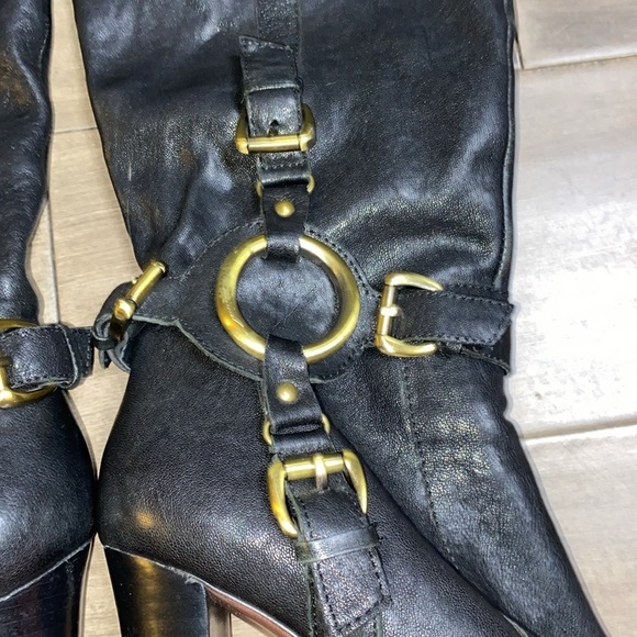 Charles Davis Black Leather Knee-High Boots Gold Harness hardware - Picture 6 of 8